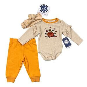 NWT Life is Good Baby Girl Fall Pumpkin Bodysuit, Jogger & Headband Set - 0-3M